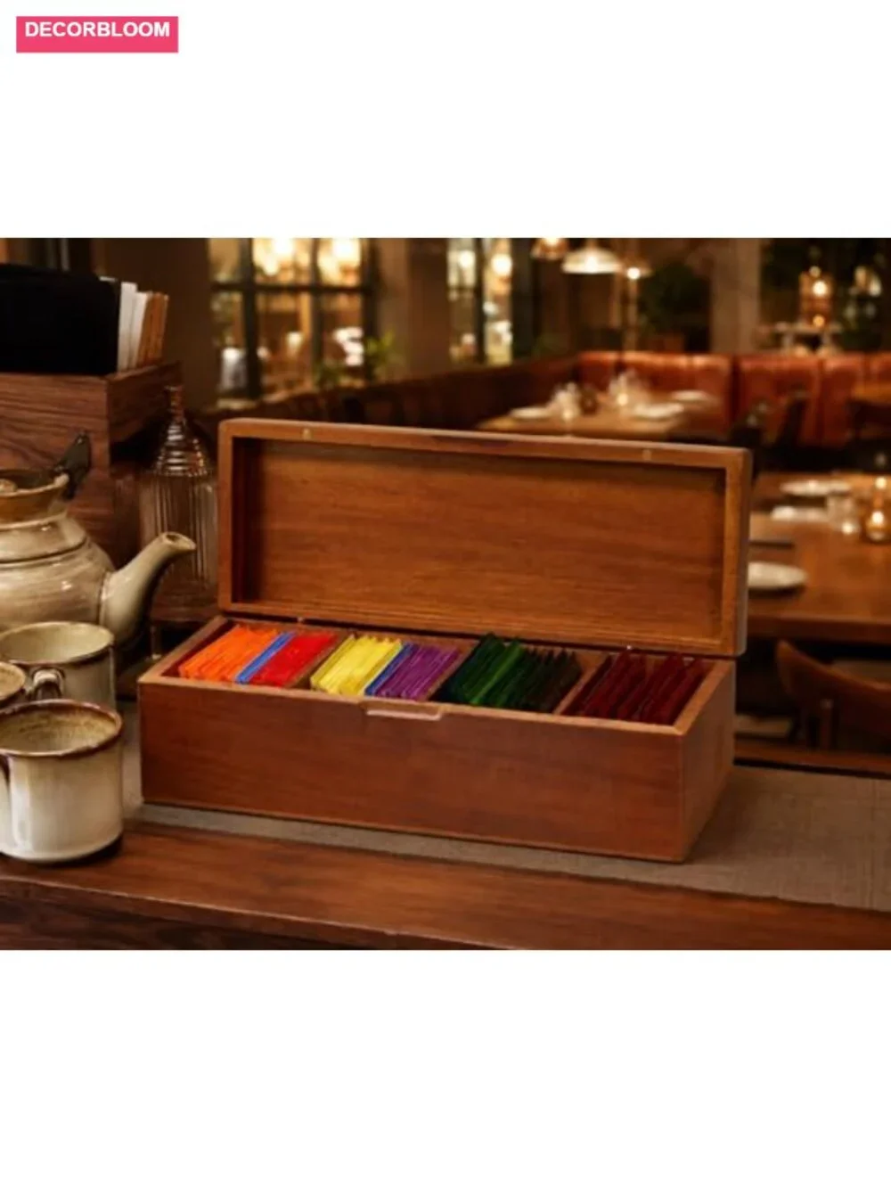 Wooden Tea Bag Organizer Box with 4 Compartments for Coffee Packets